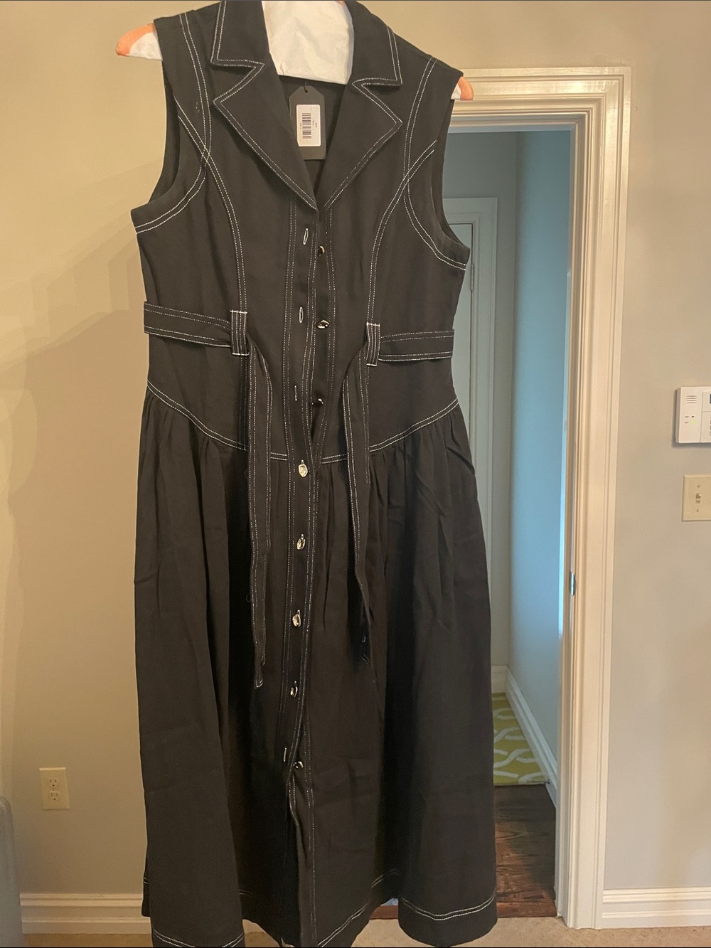 Alexa Paris Sleeveless Black denim Midi Dress with Contrast Stitching